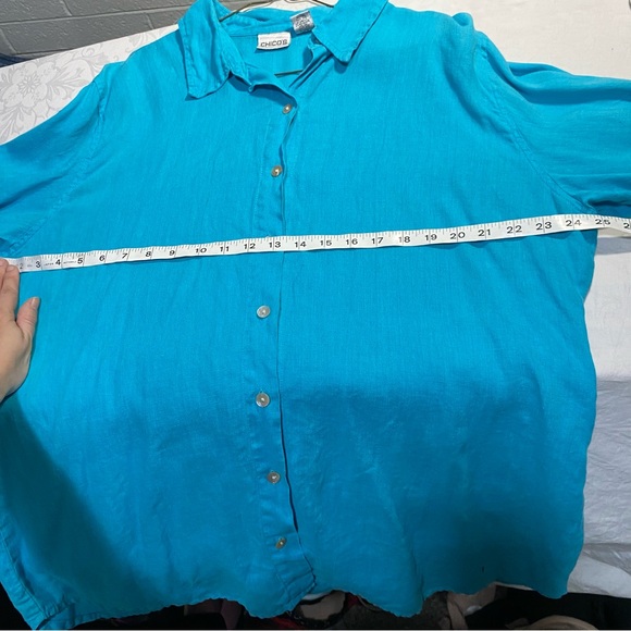Chicos 3 Linen Vintage Button Up Long Shirt Blouse Longsleeve Turquoise Bright - Picture 6 of 8